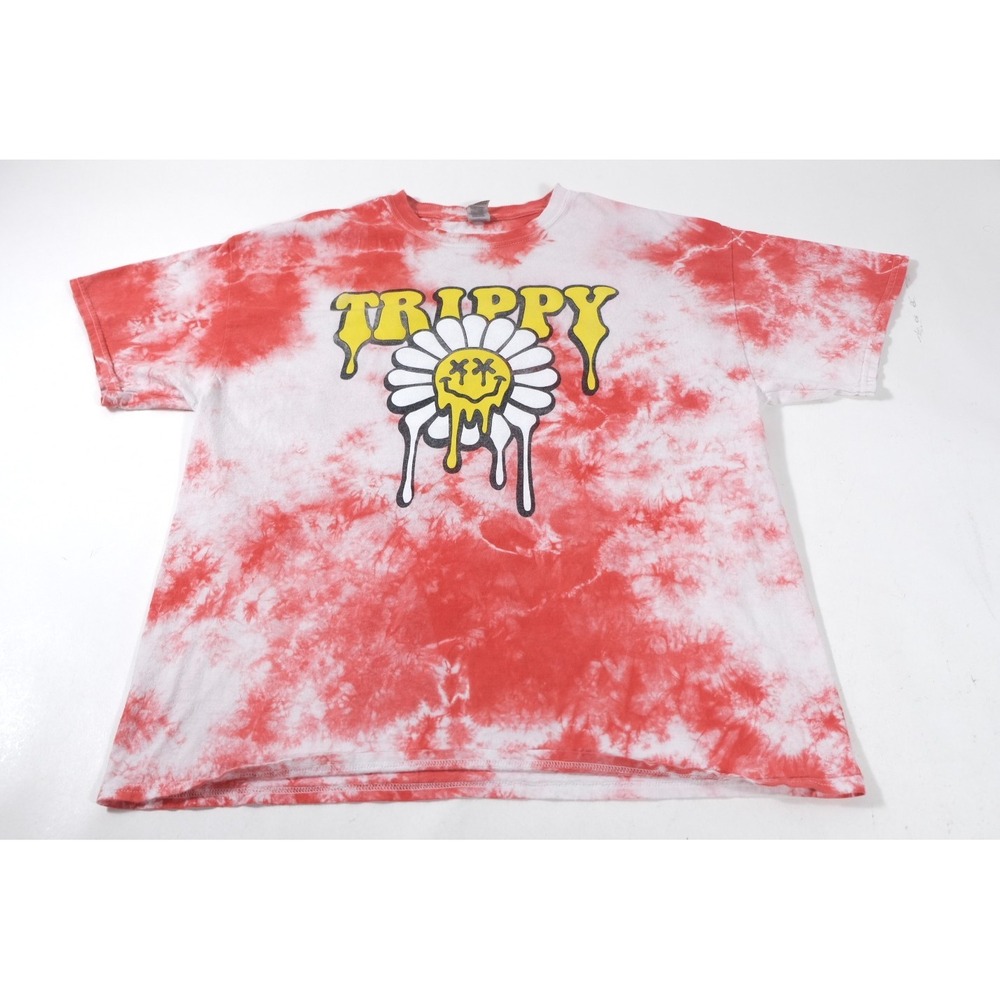 Gildan T Shirt Mens XL Red Tie Dye Trippy Melting Smiley Face Daisy Graphic Tee